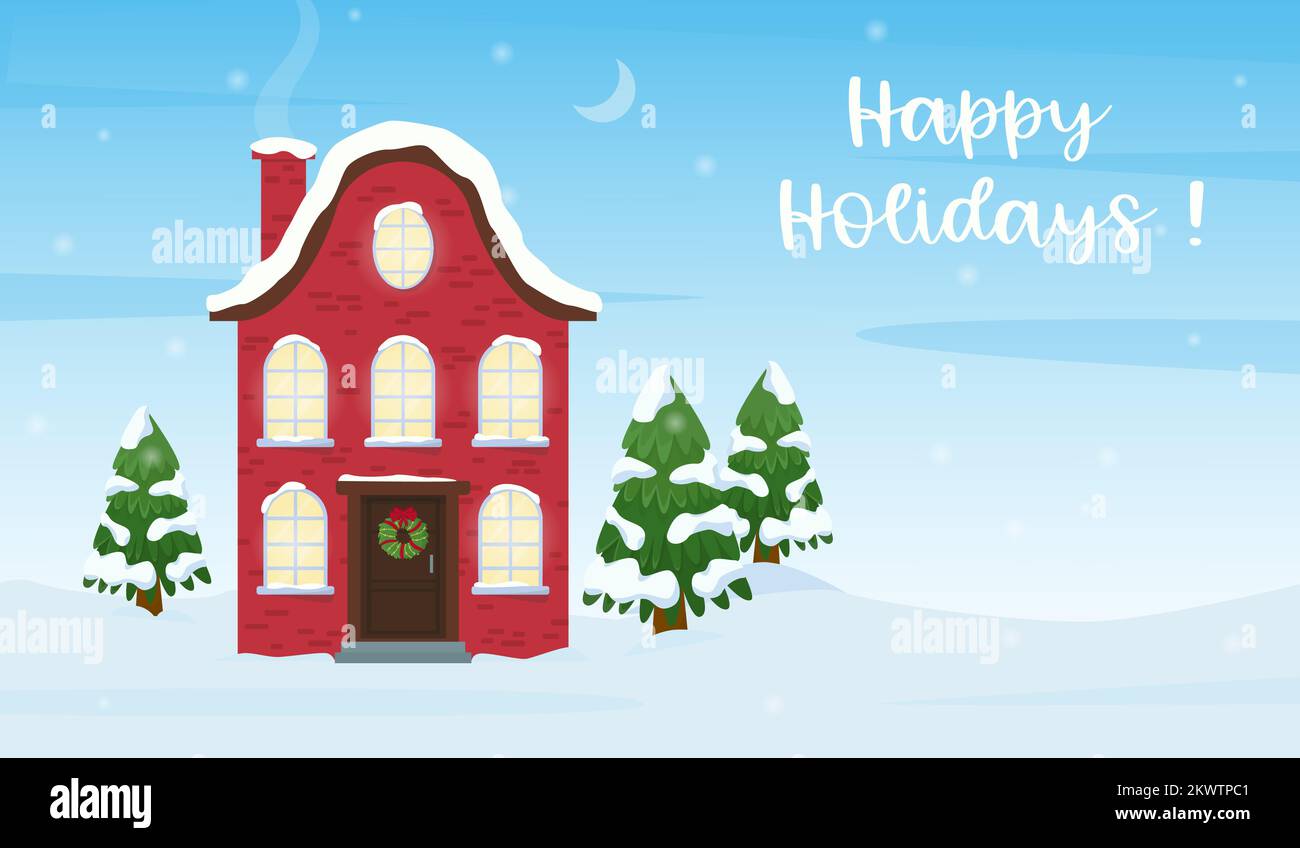 Paysage enneigé d'hiver avec maison de campagne. Joyeuses vacances. Illustration vectorielle de style dessin animé plat Illustration de Vecteur