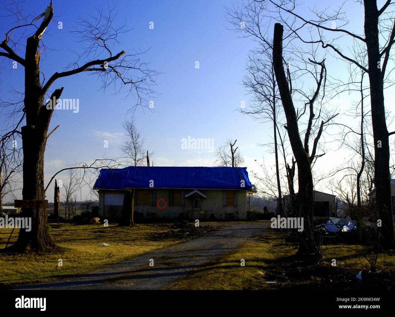 Tempêtes et tornades graves, Earlington, Ky, 9 décembre 2005 - Une maison avec des dommages de toit majeurs, causés par F4 tornades sur 15 novembre, est encadrée par des chênes imposants complètement dépouillés de feuillage et souffrant de perte importante de membre. Le premier décembre, une déclaration fédérale d'aide individuelle en cas de catastrophe a été émise pour les comtés de Hopkins et Marshall dans l'ouest du Kentucky. Gagnez une photo Henderson/FEMA... Photographies relatives aux programmes, aux activités et aux fonctionnaires de gestion des catastrophes et des situations d'urgence Banque D'Images
