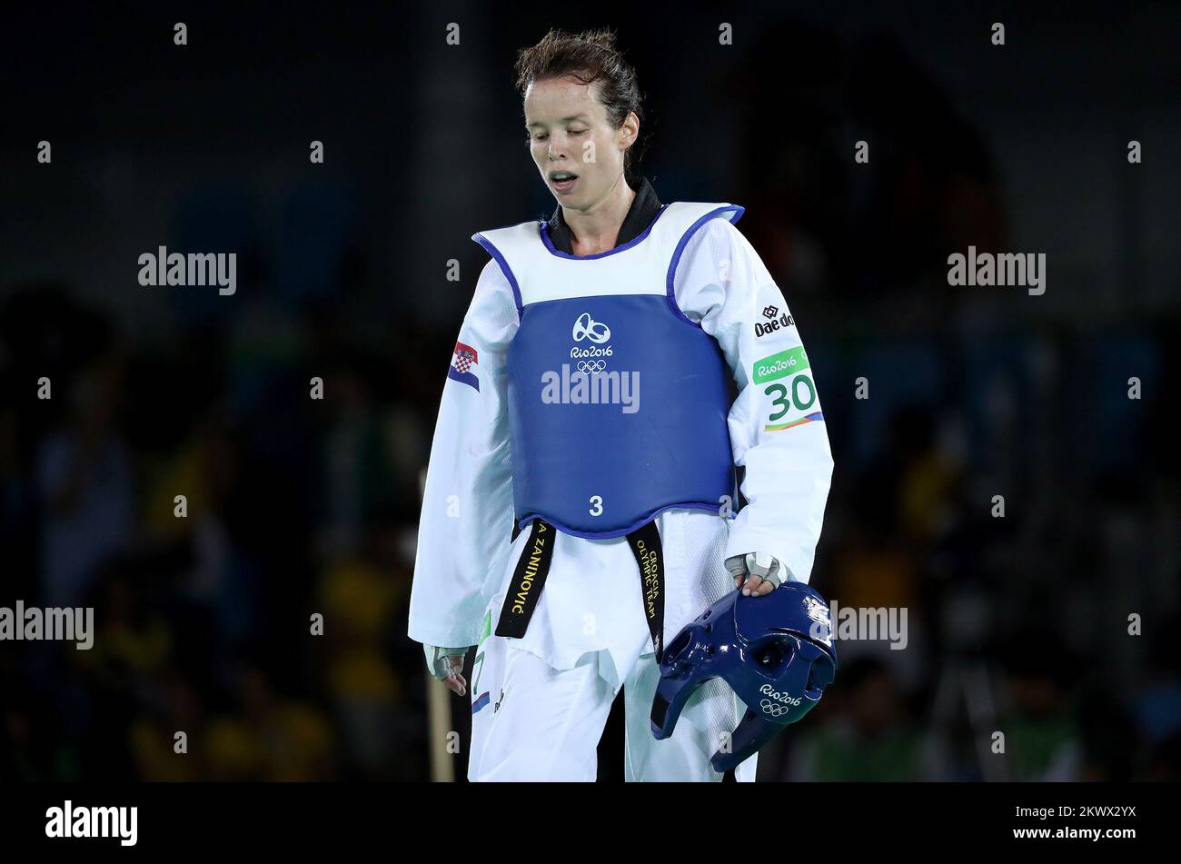 18.08.2016., Rio de Janeiro, Brésil - Jeux Olympiques Rio 2016 - 57 kg taekwondo féminin, Round 16, Ana Zaninovic (Croatie) - Kimia Alizadeh Zenoorin (Iran). Ana Zaninovic. Banque D'Images