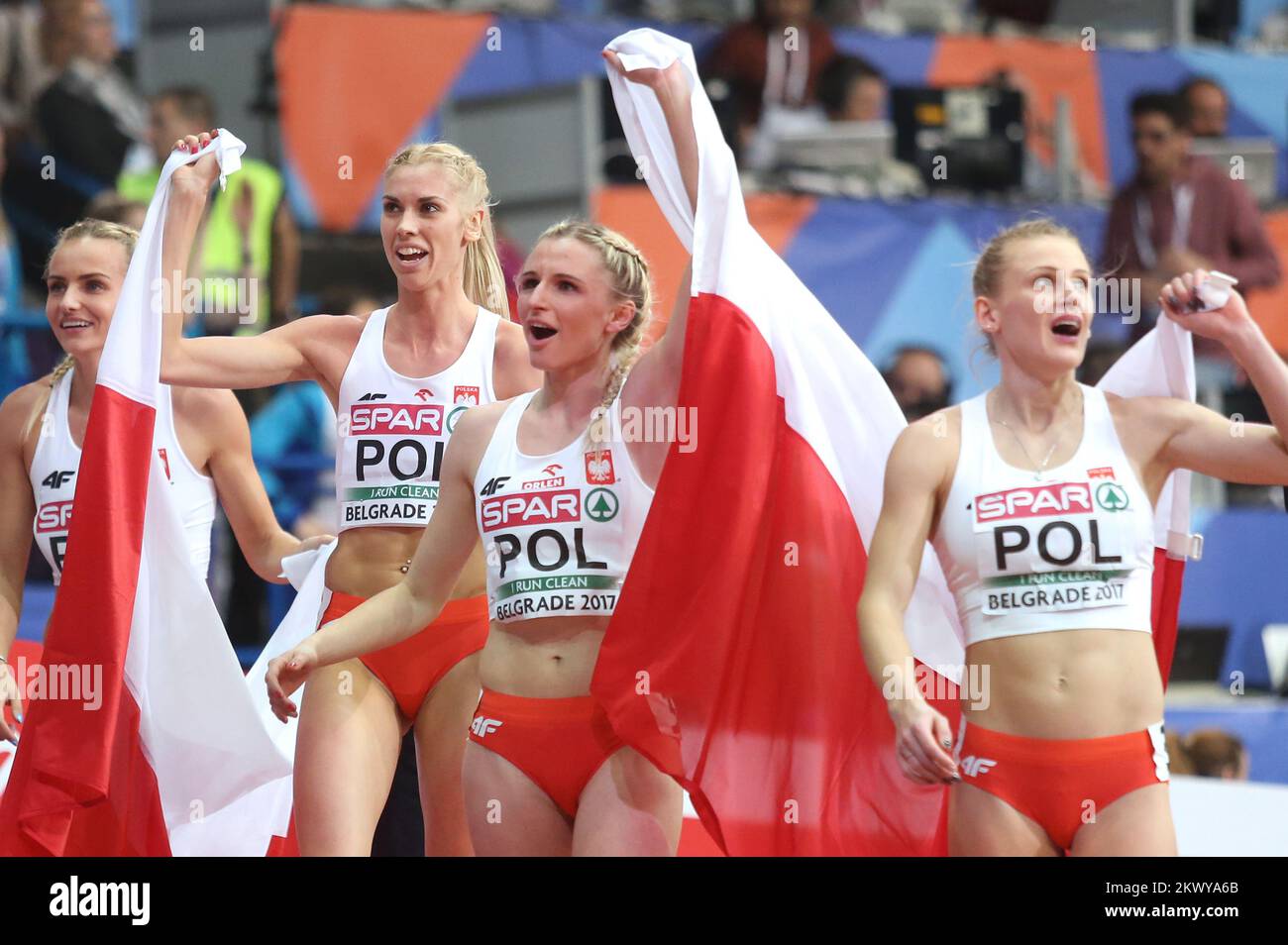 05.03.2017., Serbie, Belgrade - Kombank Arena, 34th Championnats européens d'athlétisme en intérieur Belgrade 2017. Course de relais - femmes. Patrycja Wyciszkiewicz, Malgorzata Holub, IGA Baumgart, Justyna Swiety. Photo: Sanjin Strukic/PIXSELL Banque D'Images