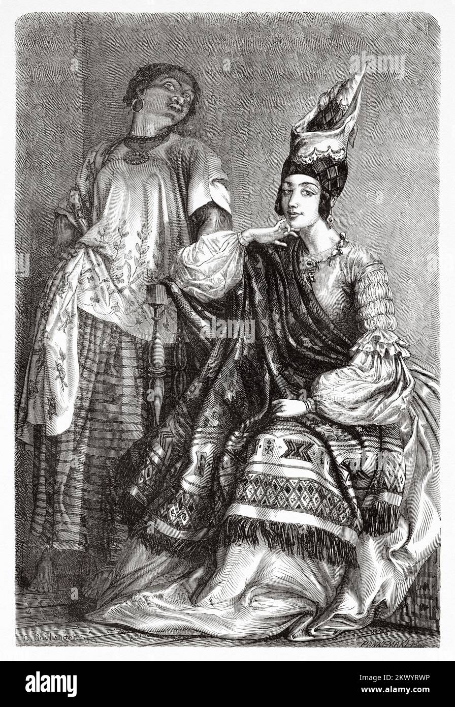 Signe. Négociant métis féminin et son esclave noir, Sénégal. Afrique. Voyage et expédition au Sénégal et dans les pays limitrophes 1847-1860 Banque D'Images