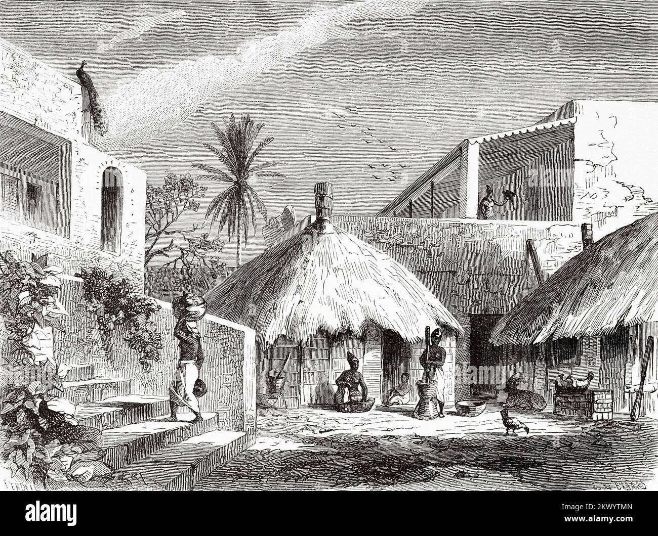 Intérieur d'une maison dans l'île de Goree dans l'océan Atlantique en dehors de Dakar au Sénégal, Afrique de l'Ouest. Voyages et expéditions au Sénégal et dans les pays voisins. Excursion militaire et géographique à l'est de Gorée dans les pays de Sine et Saloum 1859 Banque D'Images