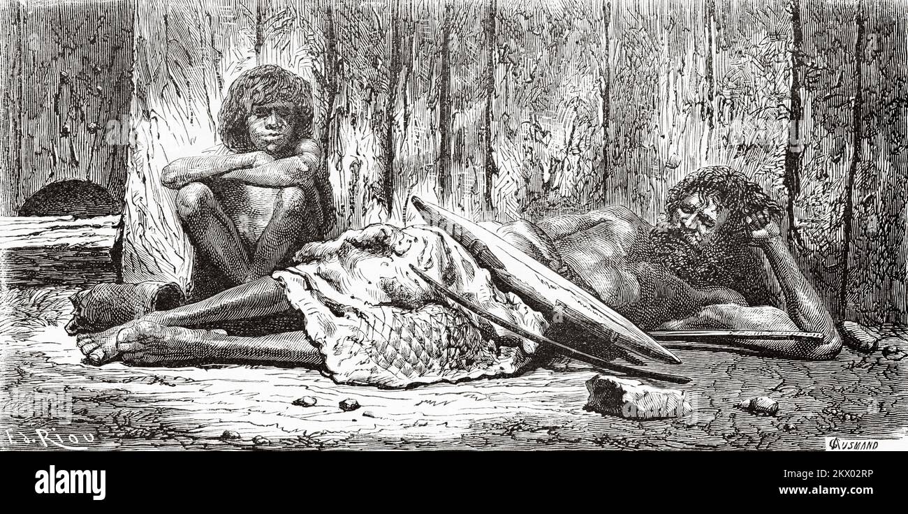 Autochtones aborigènes australiens dans les années 1850. Victoria, États australiens de Victoria, Australie. Souvenir d'un squat français en Australie par H. de Castella 1854-1856 Banque D'Images