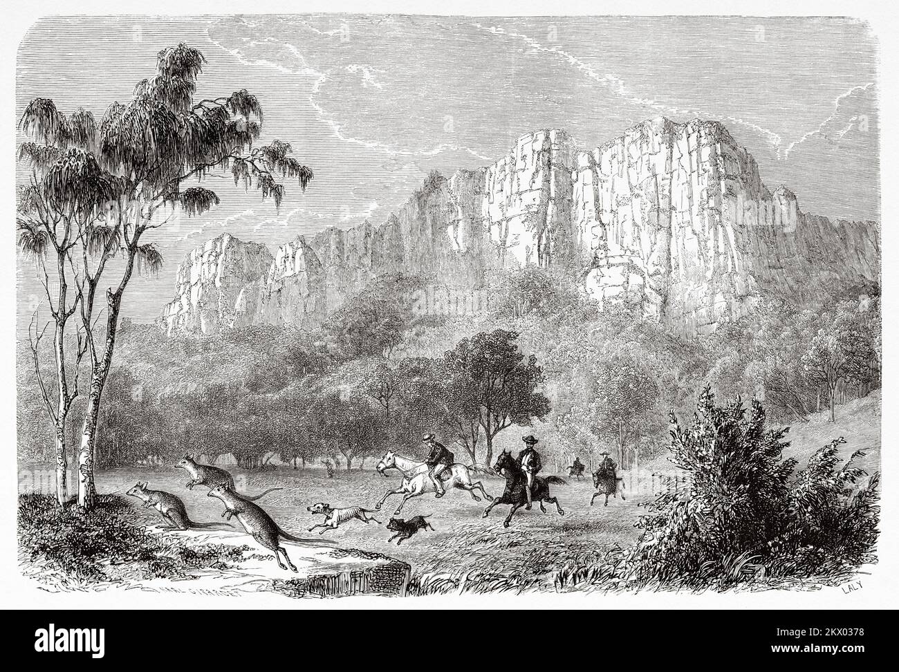 Chasse au kangourou dans les États australiens de Victoria, en Australie. Souvenir d'un squat français en Australie par H. de Castella 1854-1856 Banque D'Images