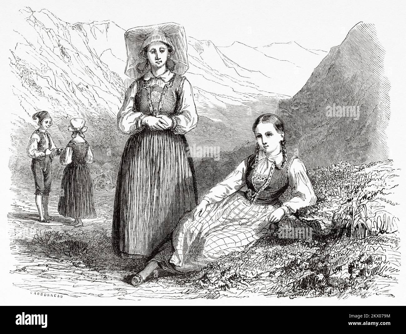 Femmes de Hardenger en costumes traditionnels, Norvège. Scandinavie, Europe du Nord. Voyages dans les États scandinaves par Saint-Blaise 1856 Banque D'Images