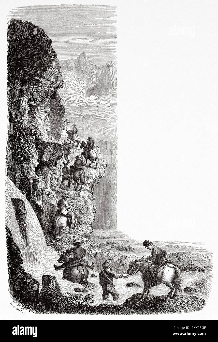 Torrent et corniches, Norvège. Scandinavie, Europe du Nord. Voyages dans les États scandinaves par Saint-Blaise 1856 Banque D'Images