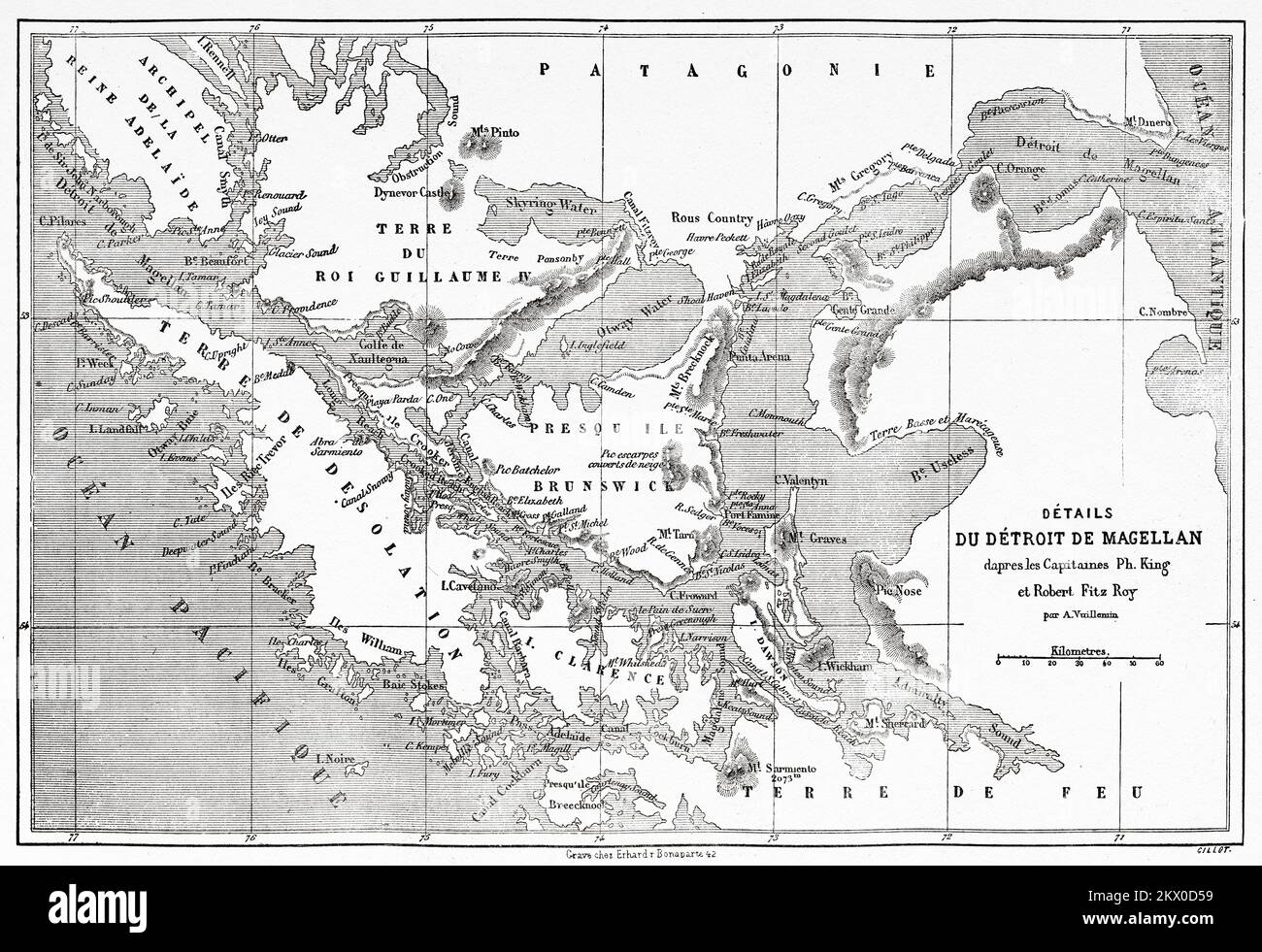 Ancienne carte du détroit de Magellan, Patagonie. Chili, Amérique du Sud. Journal d'un voyage dans le détroit de Magellan par V de Rochas 1856-1859. Le Tour du monde 1861 Banque D'Images