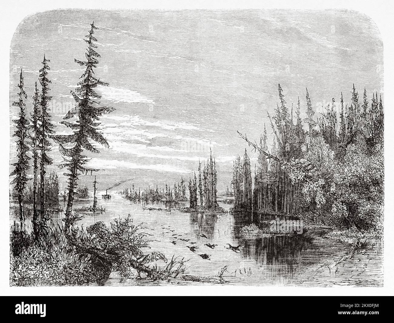 Les mille-Îles à l'entrée du lac Ontario, des États-Unis d'Amérique et du Canada. Voyages en Amérique du Nord par Louis Deville, États-Unis et Canada 1854-1855. Le Tour du monde 1861 Banque D'Images