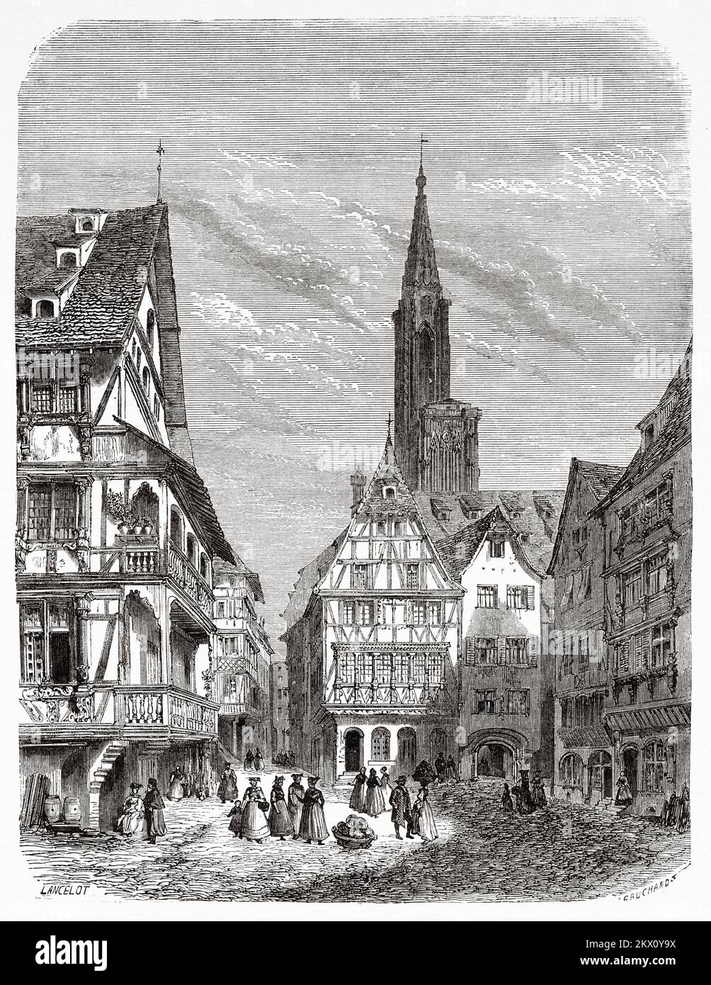 Maisons anciennes à Strasbourg, Alsace, France. De Paris à Bucarest par Victor Duruy 1860 Banque D'Images