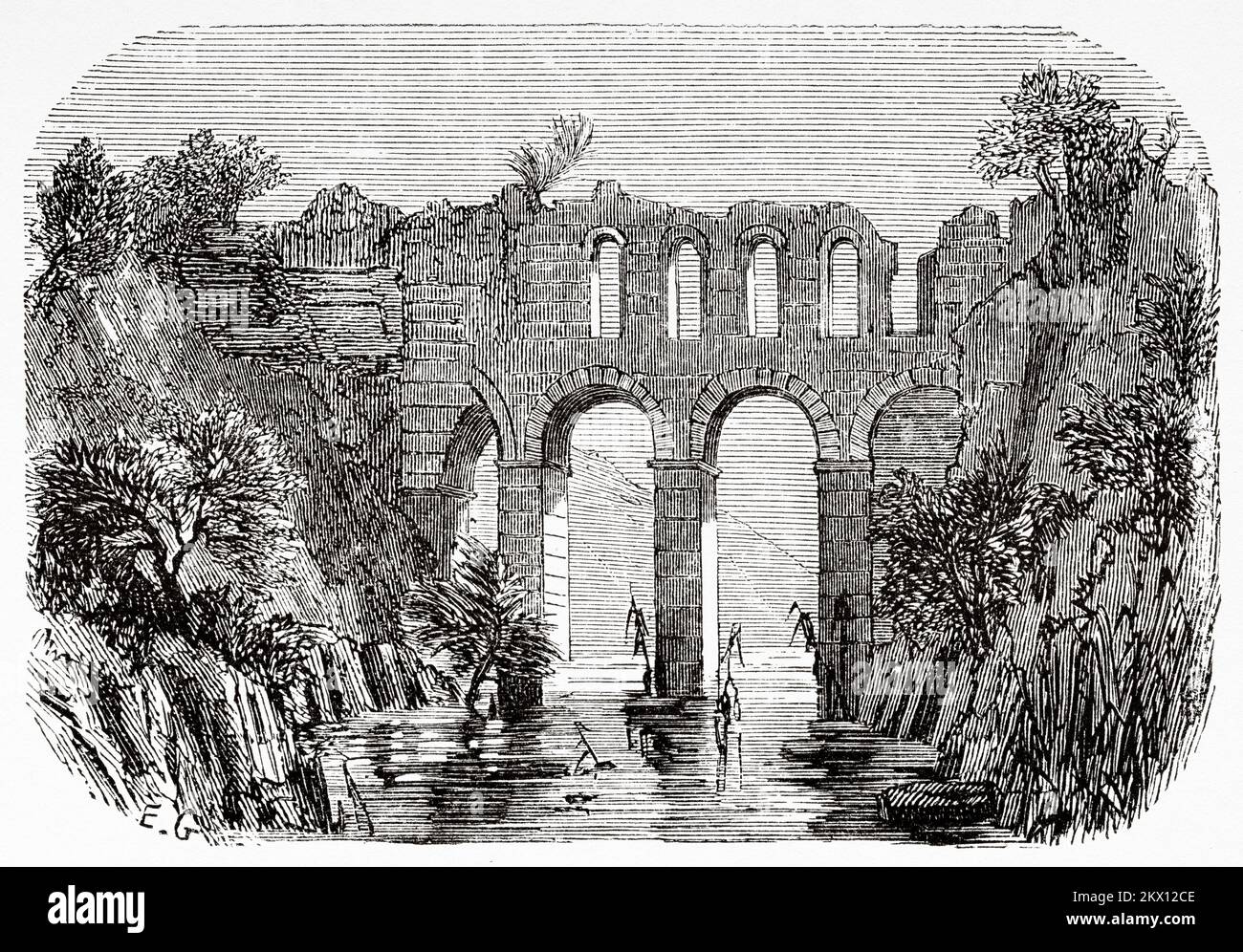 Aqueduc de Lamas. Aqueduc romain dans la province de Mersin, sud de l'Anatolie, Turquie. Voyage dans les montagnes Cilicia et Taurus en 1852-1853 par Victor Langlois Banque D'Images