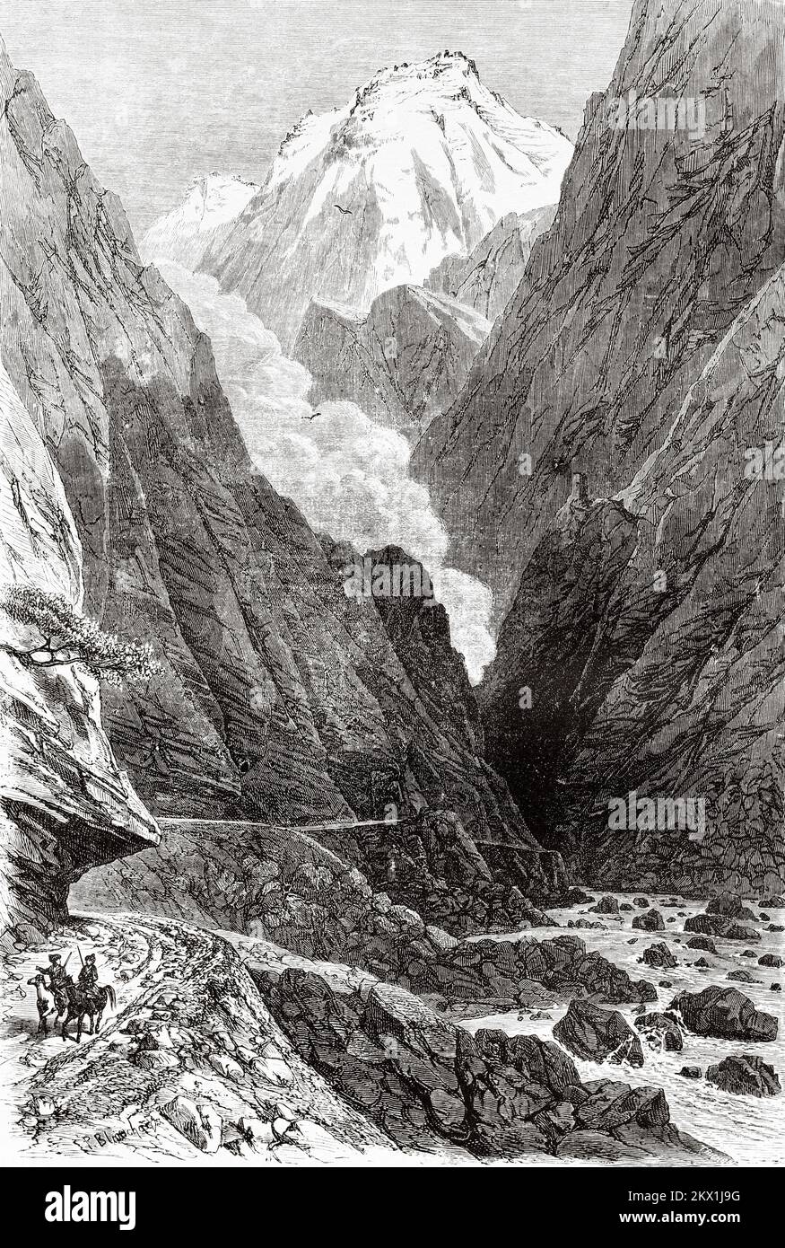 Gorge du Darial entre la Géorgie et la Russie. Voyage de Tiflis à Stavropol à la gorge de Dariali, 1858 par Blanchard Banque D'Images