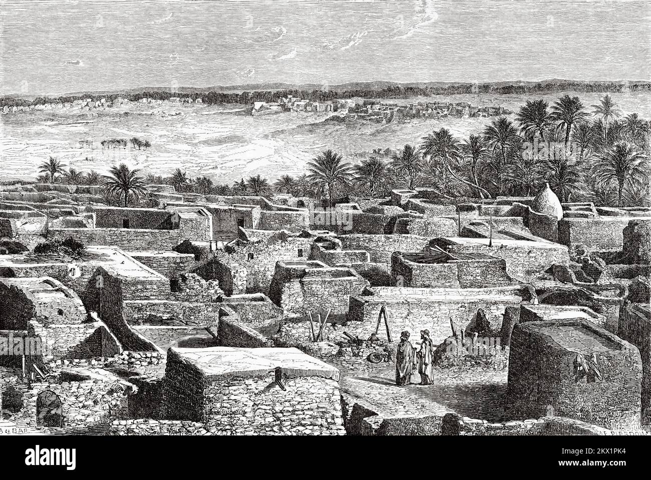 Vue générale de Tougcourt, province d'Ouargla, Algérie. Voyage à Oued Mzab, Algérie par Henri Duveyrier 1859 Banque D'Images