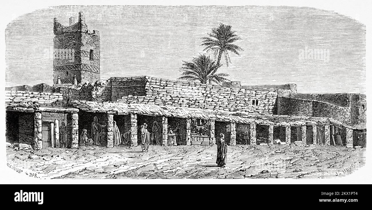 Boutiques dans l'oasis de Touggourt. Algérie. Voyage à Oued Mzab, Algérie par Henri Duveyrier 1859 Banque D'Images