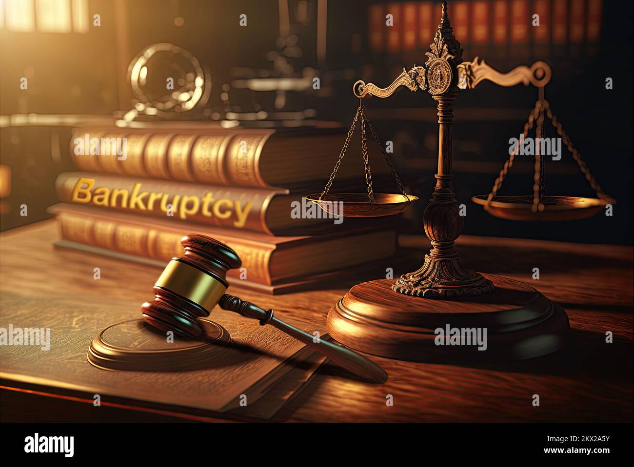 Gros plan d'une table en bois de tribunal avec un gavel de juge et une balance en or, une mise au point nette et une bibliothèque floue en arrière-plan. Concept de Banque D'Images