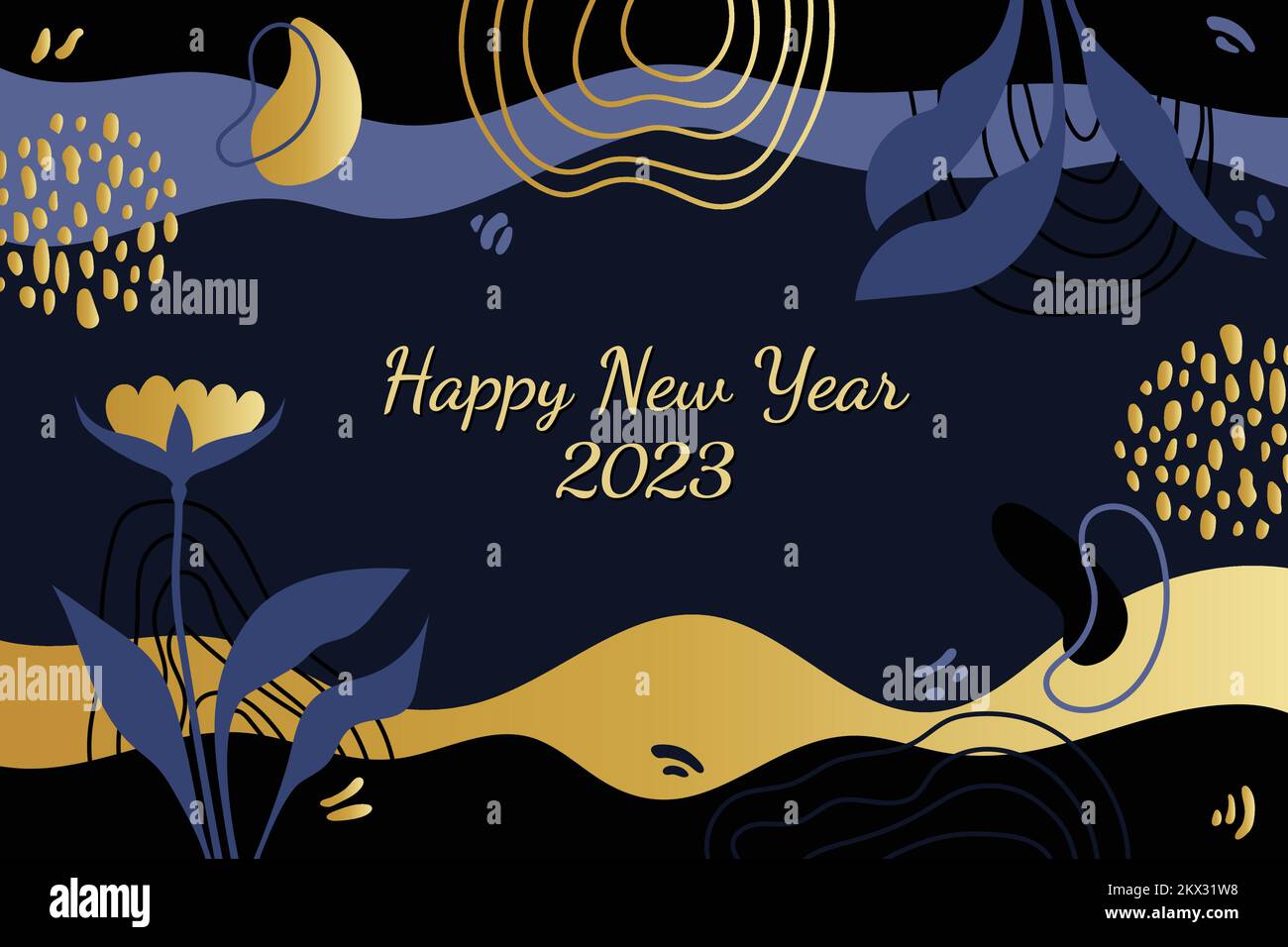 Bonne année 2023 contexte. Affiche de célébration 1 janvier. Motif floral doré brillant de style Memphis, bleu marine abstrait. Vecteur de bannière horizontal Illustration de Vecteur