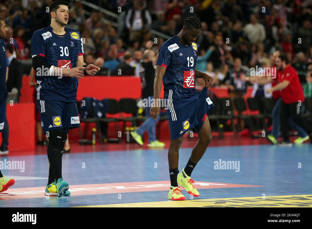 26.01.2018., Arena Zagreb, Zagreb, Croatie - Championnat européen de handball masculin 2018, demi-finale, France - Espagne. Nicolas Tournat, Luc Abalo photo: Dalibor Urukalovic/PIXSELL Banque D'Images