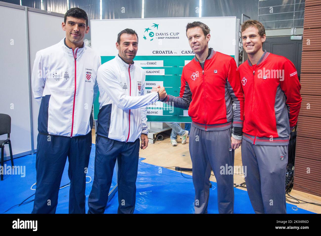 01.02.2018., Croatie, Osijek - les paires de dessins officiels pour la rencontre de la coupe Davis entre la Croatie et le Canada. Franko Skugor, Ivan Dodig, Daniel Nestor, Vasek Pospisil. Photo: Davor Javorovic/PIXSELL Banque D'Images