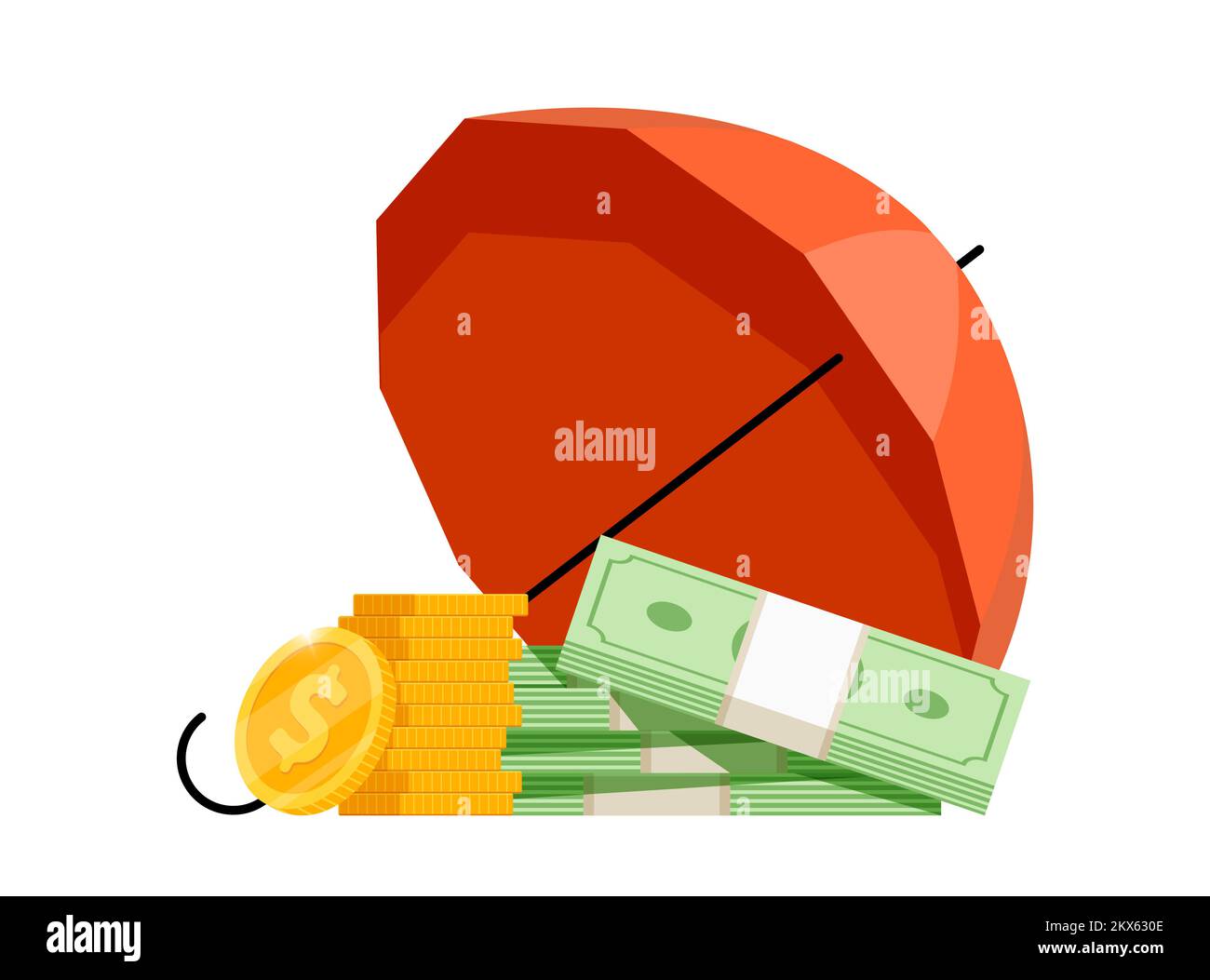 Concept d'assurance et de garanties de protection des dépôts financiers. Les billets d'argent et les pièces sont empilés sous le parapluie. Investissement en espèces sécurisé. Garantie de sécurité monétaire. Fiducie d'épargne de couverture bancaire. Vecteur Illustration de Vecteur