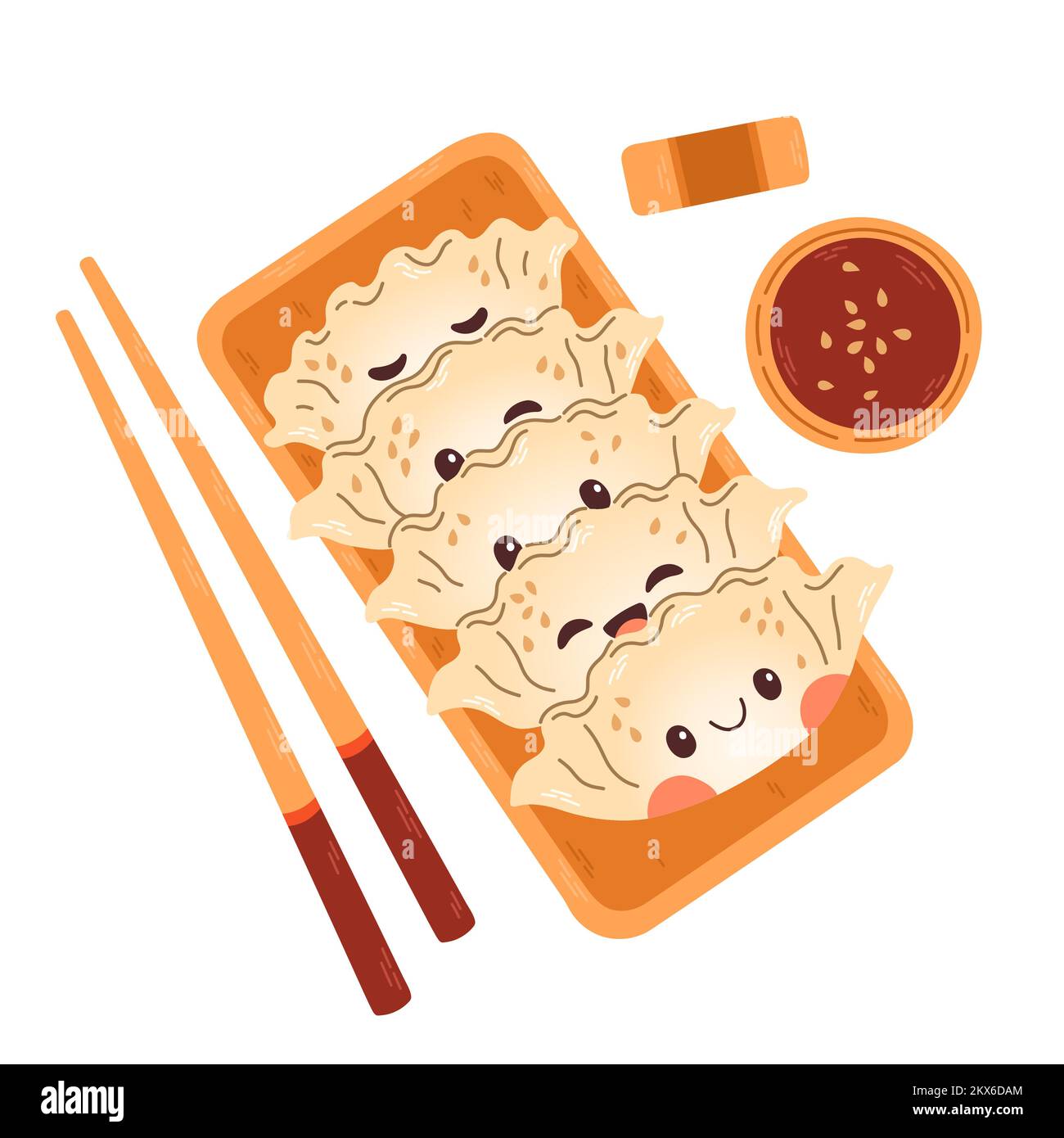 Vecteur de dessin animé gyoza isolé sur fond blanc. En-cas japonais gyoza dessiné à la main Illustration de Vecteur