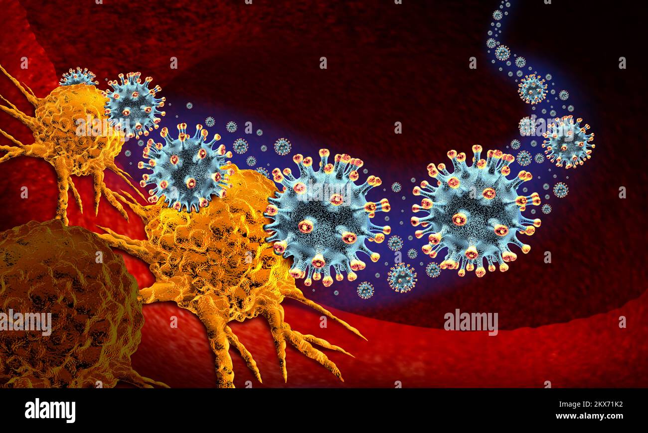 Virus cellules tuer le cancer comme un virus oncolytique immunologie et immunothérapie pour tuer les cancers en attaquant la cellule tumorale maligne Banque D'Images