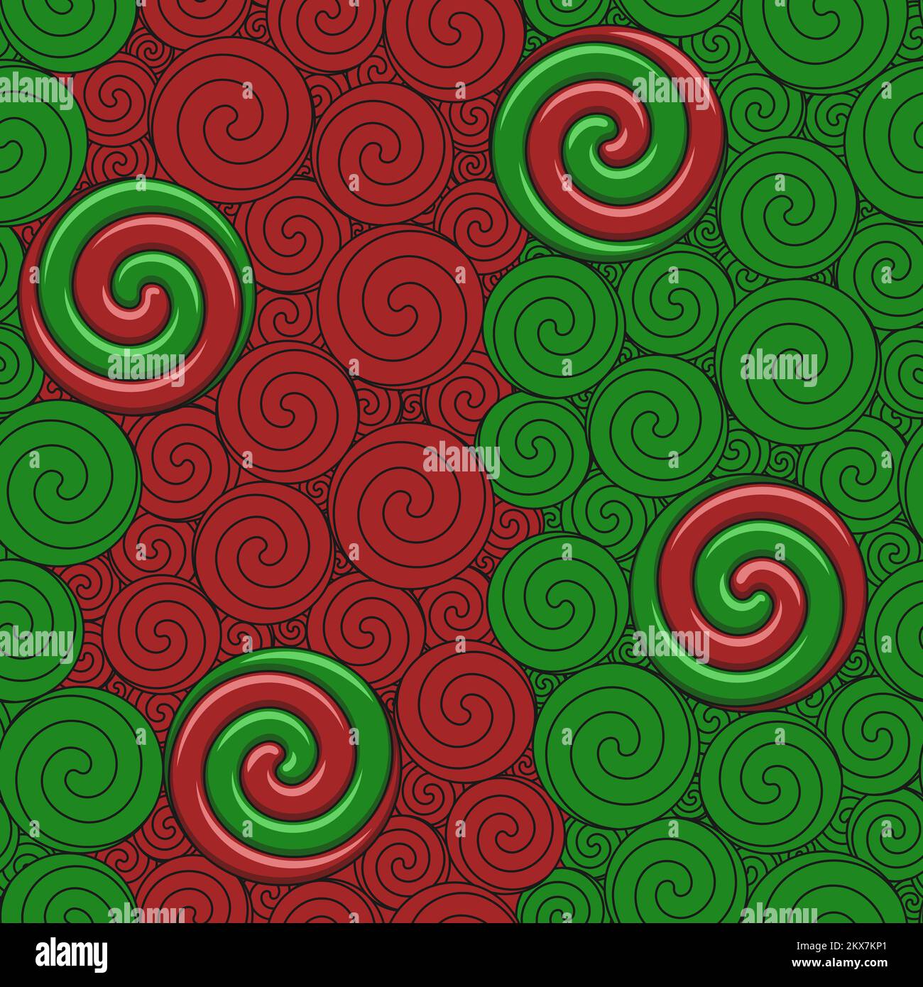 Motif de Noël sans coutures avec tourbillons et bonbons. Arrière-plan de couleur vectorielle. Illustration de Vecteur