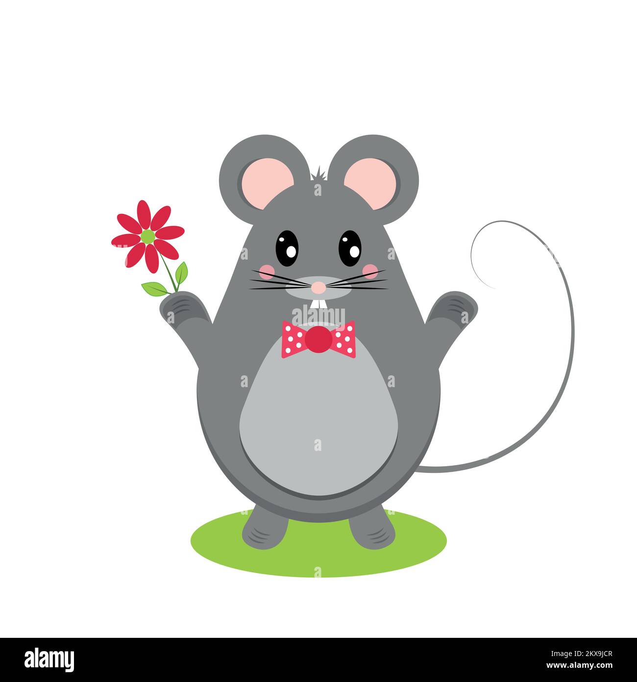 Souris ou rat gris en forme d'oeuf, avec une fleur de camomille, sur une pelouse verte. Illustration vectorielle dans un style plat. Illustration de Vecteur