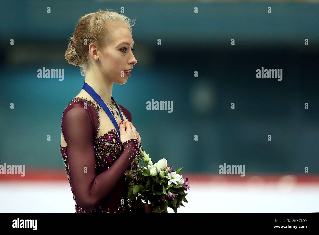 08.12.2018., Zagreb, Croatie - 51st Golden spin à Dom sportova. .Cérémonie de la Médaille, 1st place Bradie Tennell, 2nd place Anastasiia Gubanova, ,3rd place Mariah Bell, photo : Goran Stanzl/PIXSELL Banque D'Images
