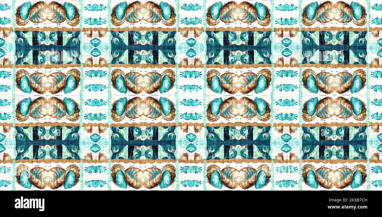 La maison de plage sarcelle est borde patchwork de style côtier. nantucket moderne été imprimé bordures temps tissu. Ruban de bannière en répétition sans couture. Banque D'Images