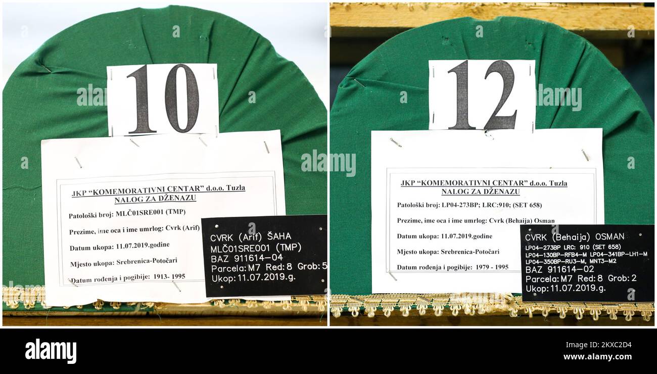 05.07.2019., Visoko, Bosnie-Herzégovine - les cercueils verts contenant les restes de 33 victimes sont empilés à la morgue dans la ville de Visoko, dans le centre de la Bosnie, Prêts à être transportés et enterrés lors de la commémoration du génocide de Srebrenica la semaine prochaine. Certaines des 33 victimes qui devaient être enterrées cette année étaient liées. Parmi eux figurent Saha Cvrk et son fils Resid, Zaim Pilav et son fils Fuad, les frères Fahrudin (25) et Zijo Mujic (28) et les frères Asim (20) et Kasim Isakovic (22). Le plus jeune d'entre eux est Osman Cvrk, né en 1979. Il avait 16 ans au moment de sa mort. Ses restes étaient FO Banque D'Images