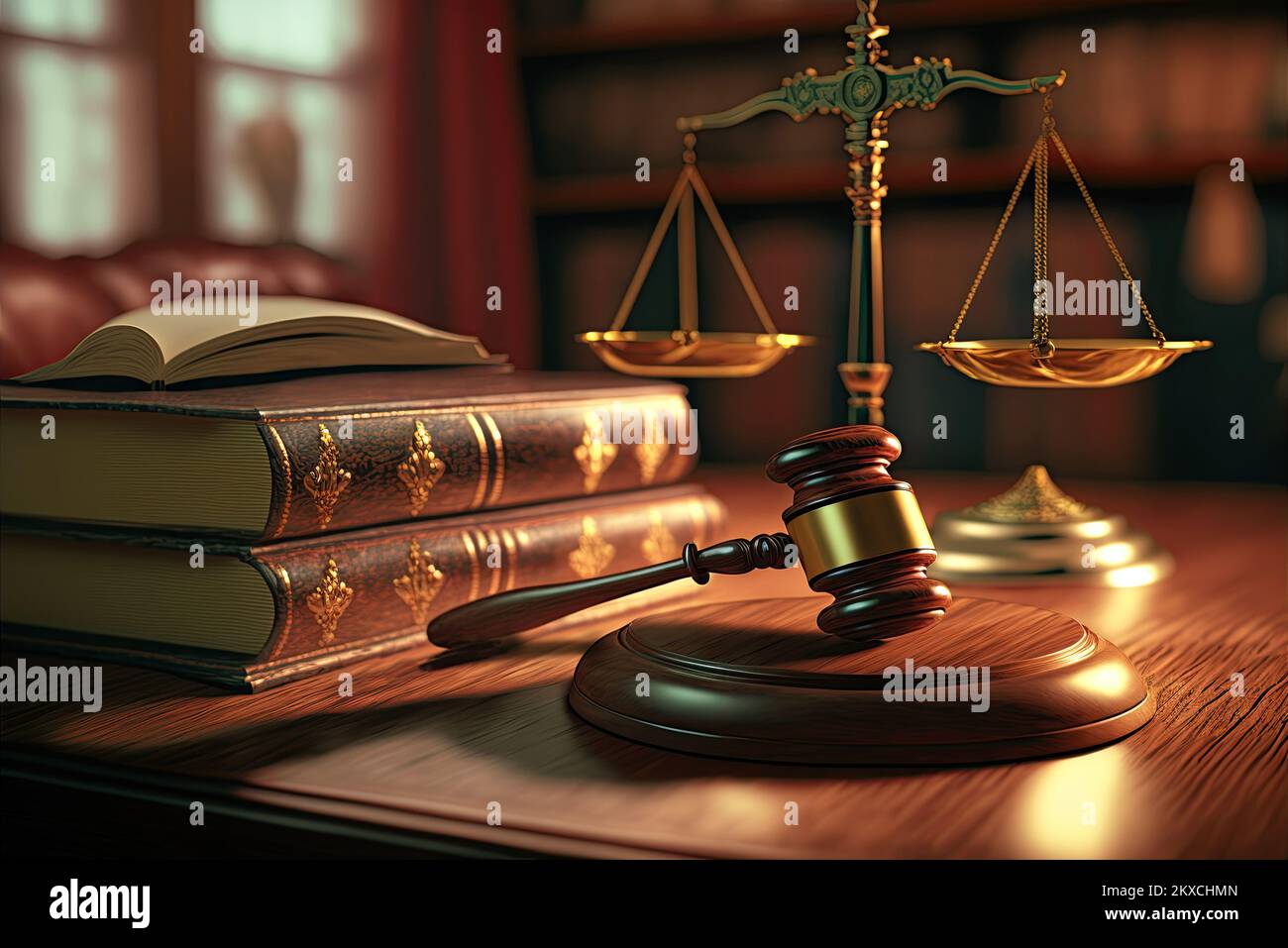 Un gros plan d'une table d'avocat en bois avec un gavel de juge et un équilibre de poids d'or, avec une bibliothèque en arrière-plan. Une idée de justice et de droit. Banque D'Images