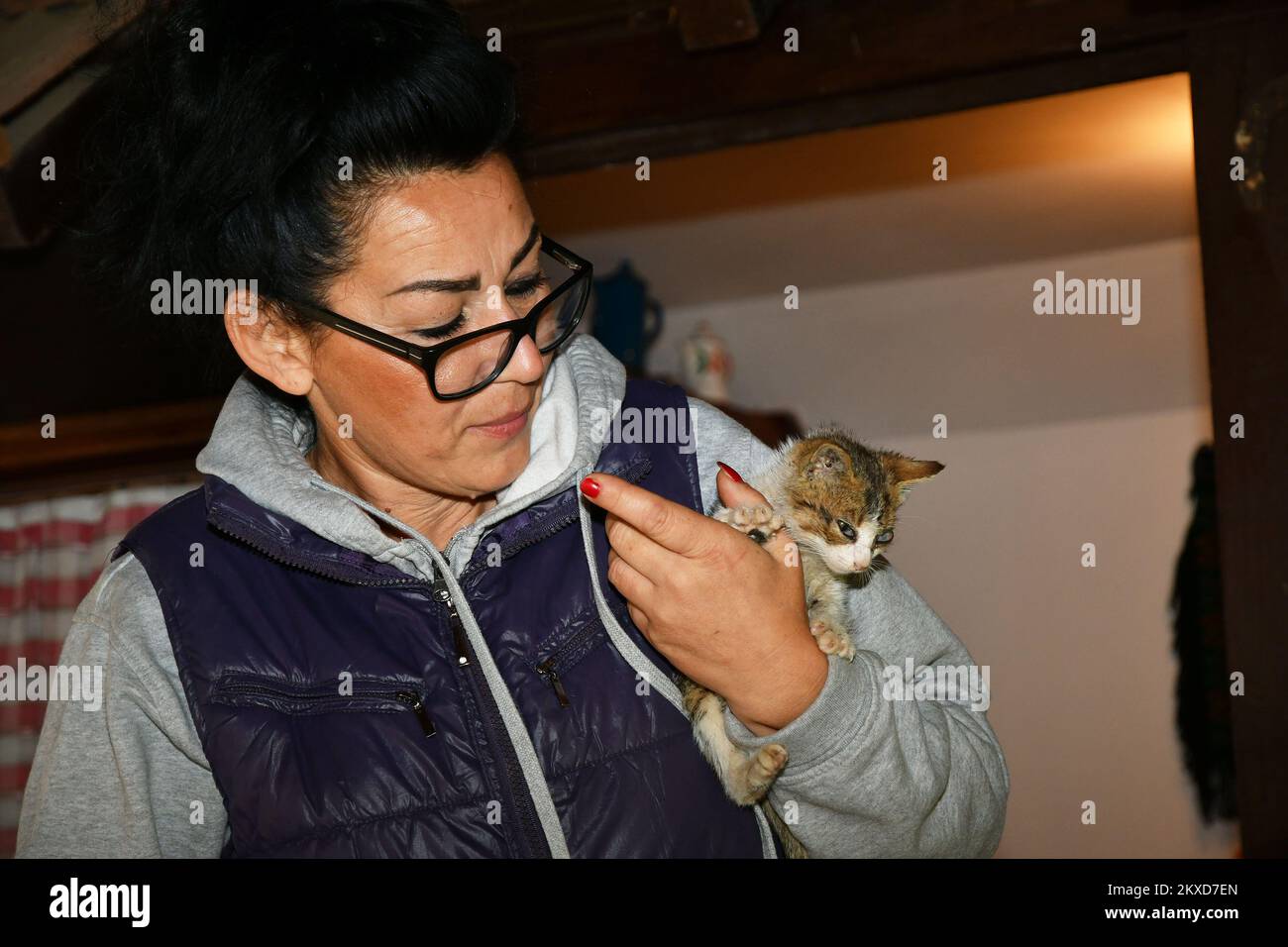 03.10.2019., Bosnie-Herzégovine, Bosanski Brod - volontaire Spomenka Milkanovic de Bosanski Brod s'occupe actuellement de 30 chiens et 18 chats. L'un de ses chiens est un mâle de race mixte Lesi sauvé par un volontaire de la décharge de la ville il y a quelques jours. Au même taudis, Lesi trouva un chaton épuisé et affamé Tom et l'amena à l'abri dans ses dents et l'a laissé tomber à côté d'un canister avec de la nourriture pour chien. Lesi est très protecteur d'un chaton, joue avec lui et le porte partout. Tom a besoin d'aide vétérinaire parce qu'il a une inflammation sévère des yeux, a commencé à manger, et c'est un bon SIG Banque D'Images