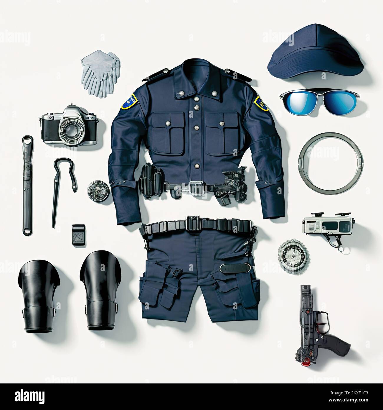 écran plat de l'équipement policier avec un uniforme et un casque. Équipement d'officier comme pistolet, matraque, et menottes sur fond blanc avec Banque D'Images