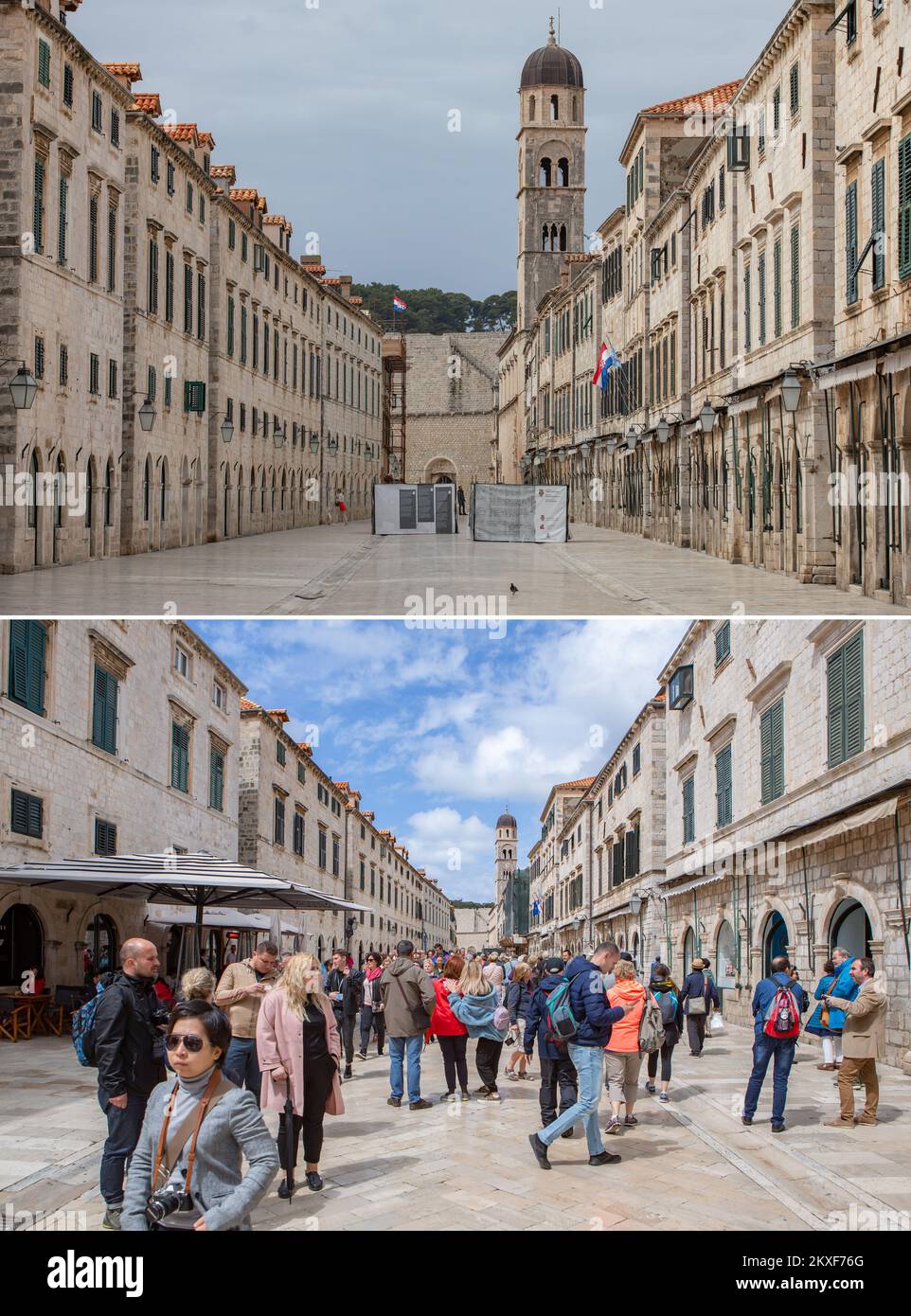 04.04.2020., Dubrovnik, Croatie - photos combinées les gens font une promenade dans la rue Stradun, la rue principale dans la vieille ville de Dubrovnik, Croatie sur 29 avril 2019 (en bas) et la rue vide du même endroit pendant la pandémie de COVID-19 sur 28 mars. Photo. Grgo Jelavic/PIXSELL Banque D'Images