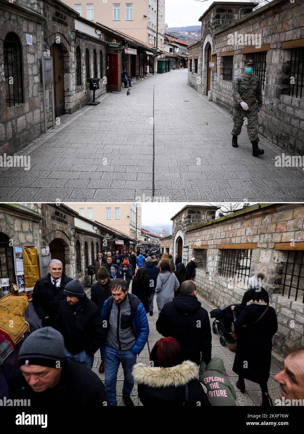 04.04.2020., Sarajevo, Bosnie-Herzégovine - Combo photo montre les gens à l'ancienne bazzar Bascarsija à Sarajevo, Bosnie-Herzégovine sur 27 décembre 2019 (en bas) et vide rue du même endroit pendant la pandémie COVID-19 sur 30 mars 2020. Photo: Armin Durgut/PIXSELL Banque D'Images