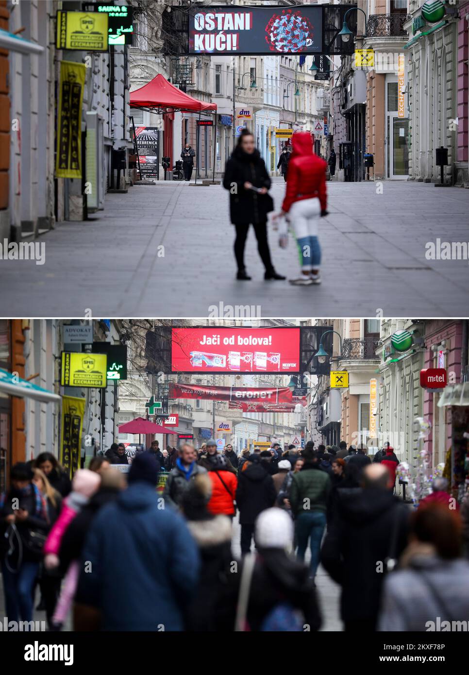 04.04.2020., Sarajevo, Bosnie-Herzégovine - photo combinée montre les gens à la rue Ferhadija à Sarajevo, Bosnie-Herzégovine sur 27 décembre 2019 (en bas) et la rue vide du même endroit pendant la pandémie COVID-19 sur 30 mars 2020. Photo: Armin Durgut/PIXSELL Banque D'Images