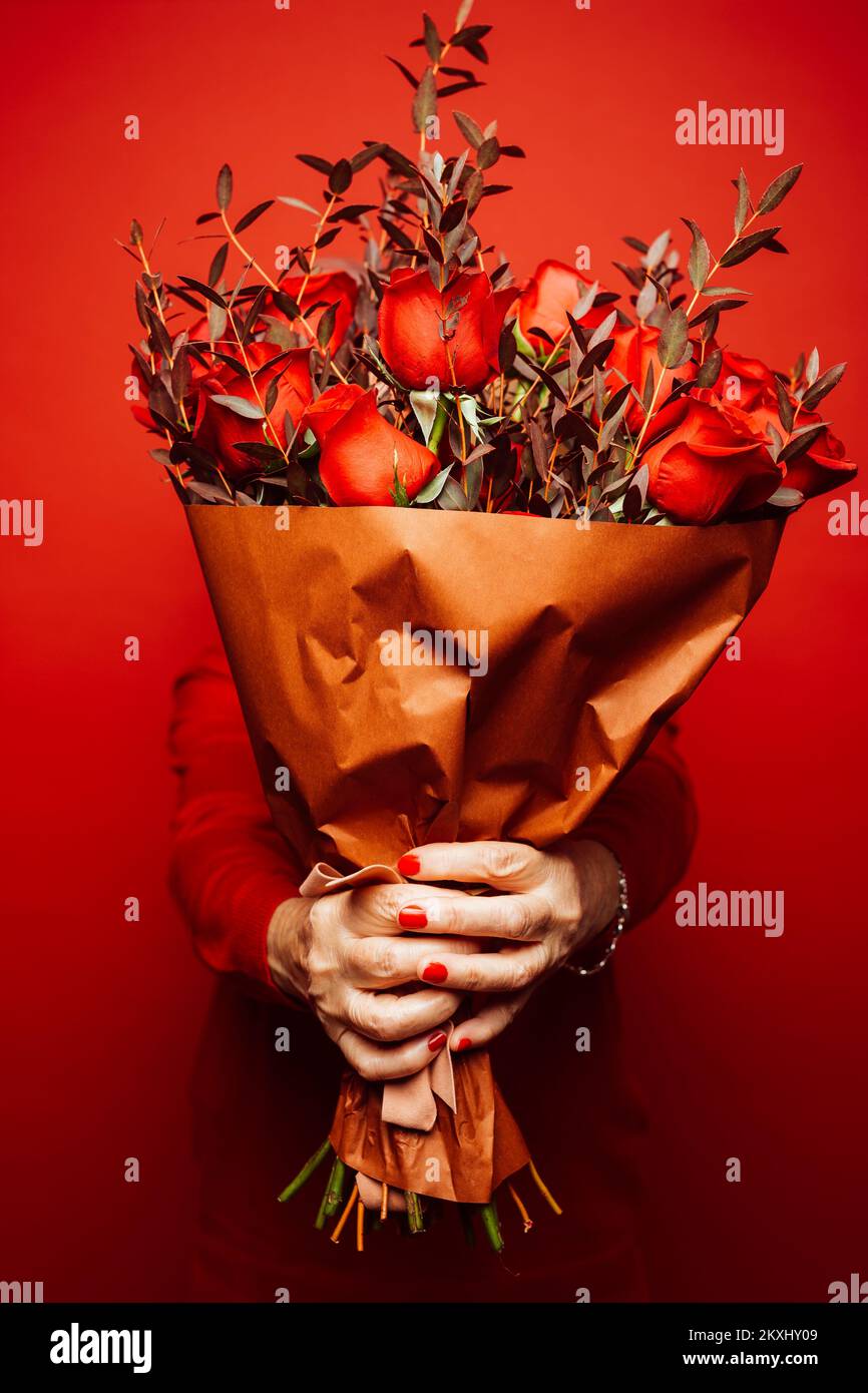 Femme âgée vêtue de vêtements rouges, cahotant son visage avec un bouquet de roses rouges, sur un fond rouge Banque D'Images Femme âgée vêtue de vêtements rouges, cahotant son visage avec un bouquet de roses rouges, sur un fond rouge Banque D'Images