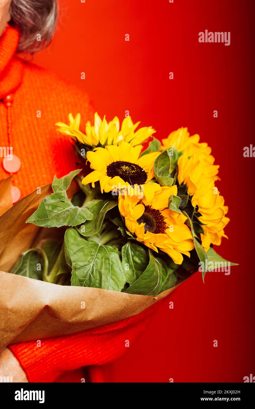 Bouquet de roses rouges sur fond rouge Banque D'Images