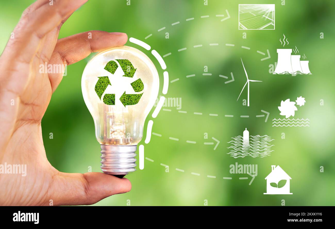 Ampoule brillante avec icône de recyclage et icônes de ressources