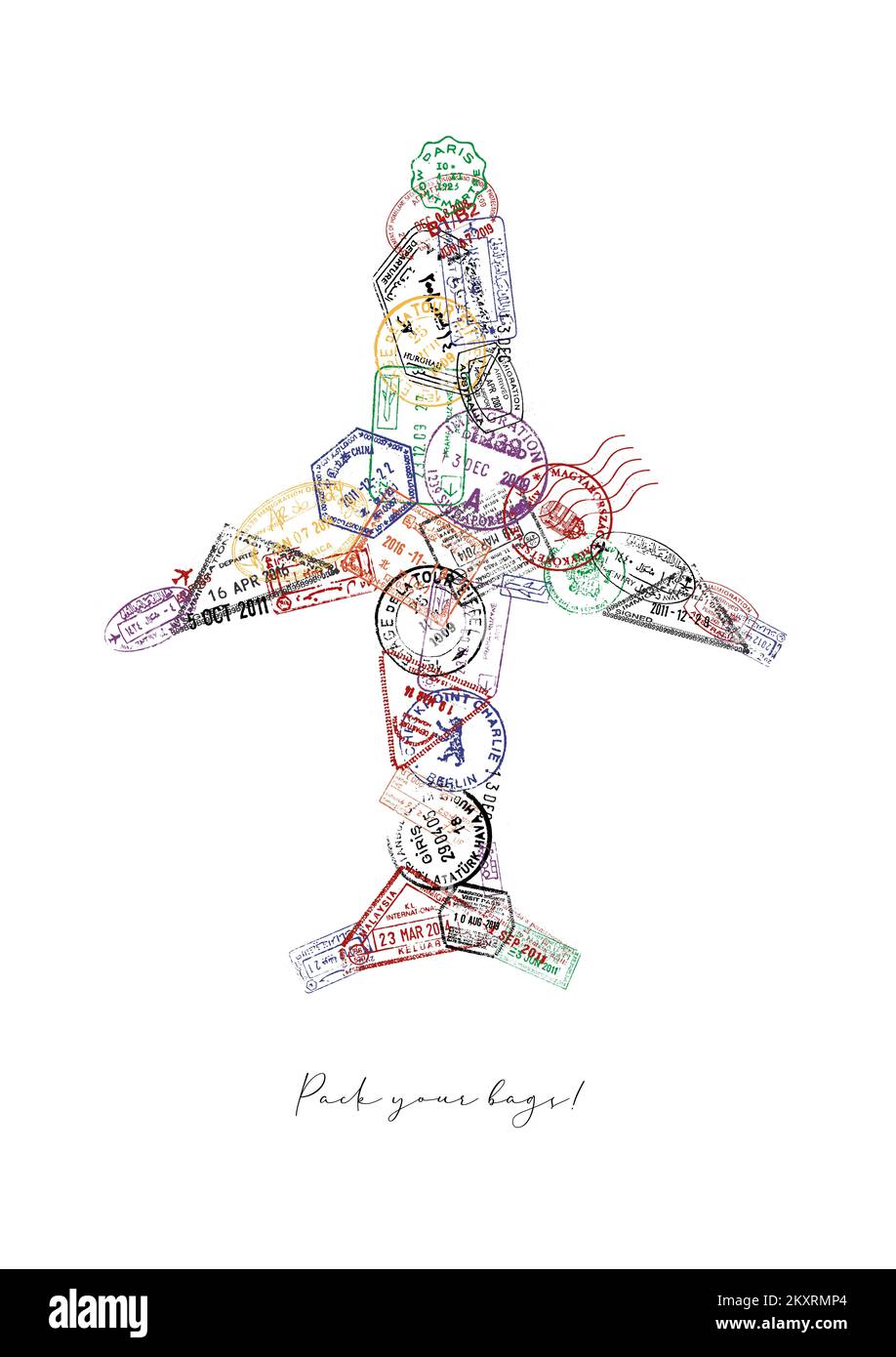 Avion fait à partir d'un passeport timbres différents pays avec lettering emballer vos sacs affiche Banque D'Images