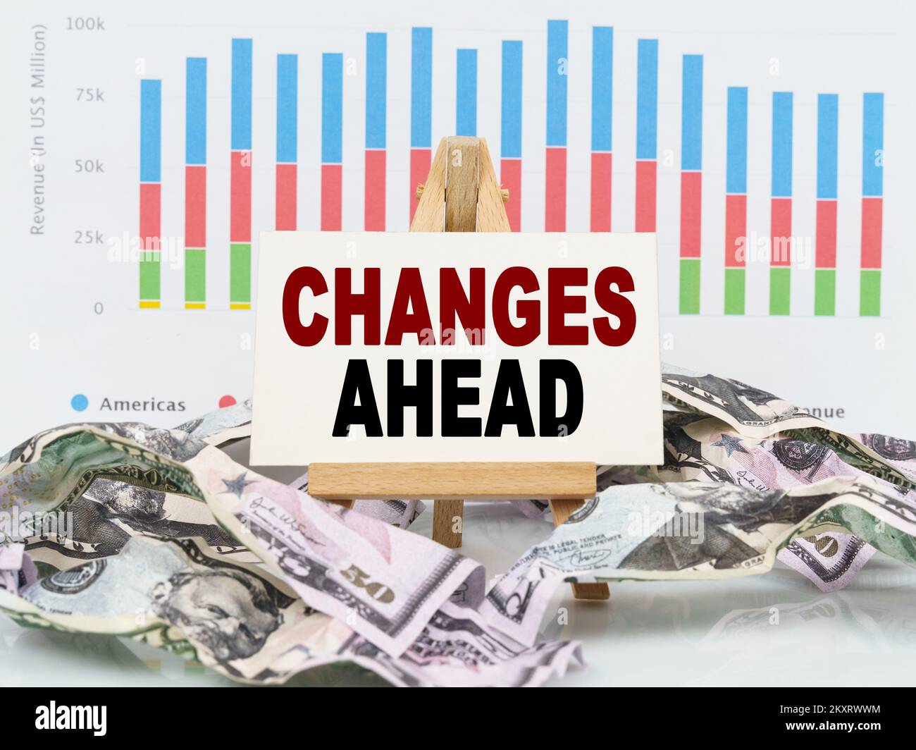 Concept commercial et financier. Parmi les tableaux financiers et l'argent est un signe avec le texte - CHANGEMENTS À L'AVANCE Banque D'Images