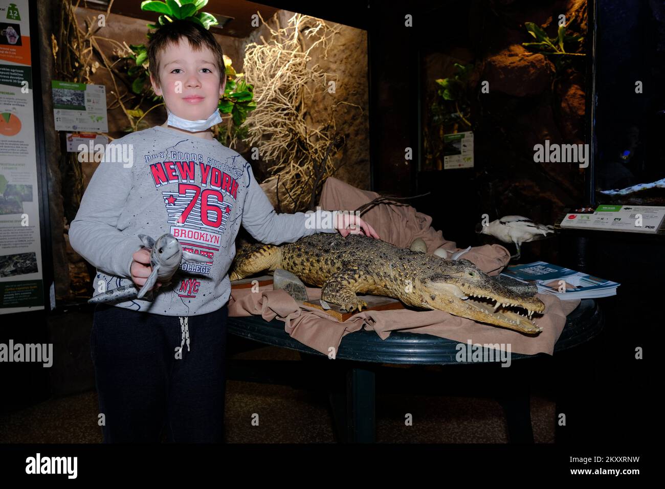Le garçon est photographié avec un jouet crocodile au zoo de Zagreb, en Croatie, sur 5 février 2022. La Journée internationale des zones humides a été célébrée au zoo de Zagreb. Les visiteurs de la Maison tropicale ont pu en apprendre davantage sur les terres humides et les animaux qui y vivent grâce à un programme éducatif. Photo: Slaven Branislav Babic/PIXSELL Banque D'Images