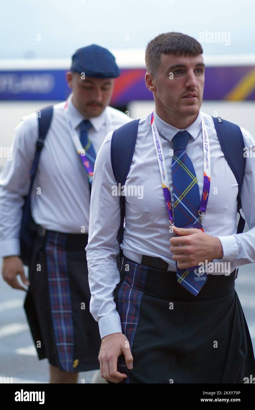 L'équipe de rugby écossaise arrive à Coventry Building Society Arena avant sa défaite de 84-nil en Australie. Crédit Penallta Photographics Banque D'Images