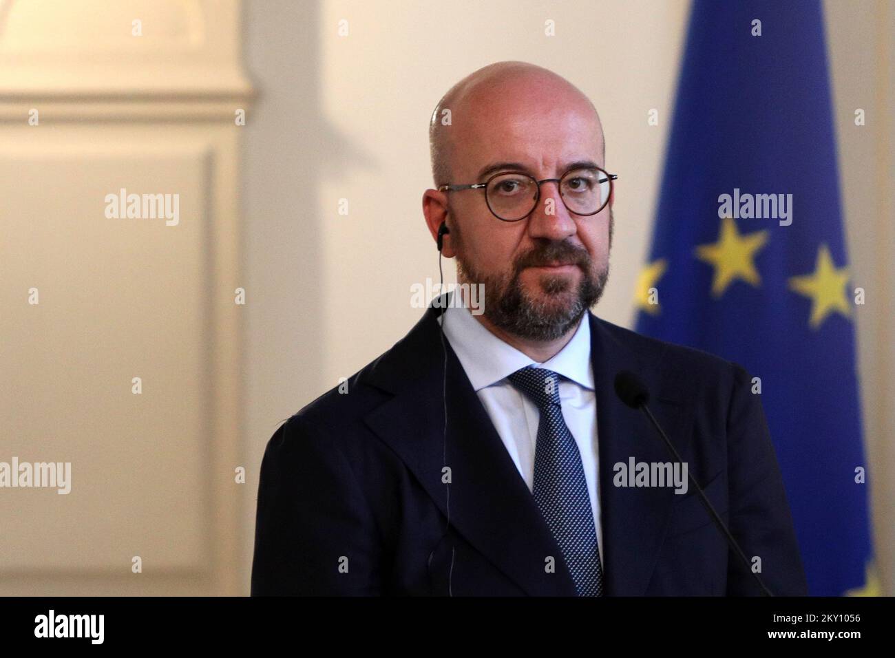 Le Président du Conseil européen, Charles Michel, parle d'une conférence de presse après la réunion avec les membres de la présidence de Bosnie-Herzégovine, à Sarajevo, en Croatie, sur l'20 mai 2022. Photo: Armin Durgut/PIXSELL Banque D'Images