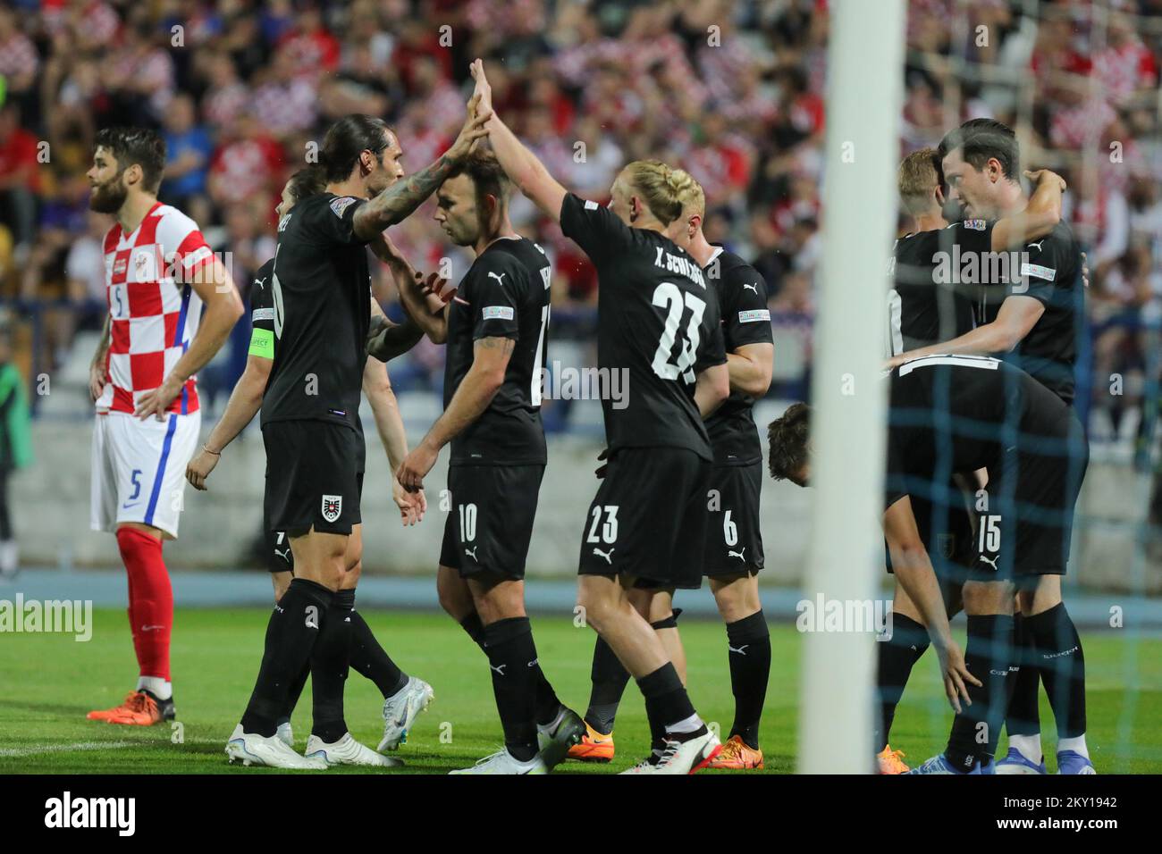 OSIJEK, CROATIE - JUIN 03: Les joueurs d'Autriche célèbrent le but lors de la Ligue des Nations de l'UEFA Un match du Groupe 1 entre la Croatie et l'Autriche au Stadion Gradski vrt sur 3 juin 2022 à Osijek, Croatie. (Photo: Dubravka Petric/Pixsell) Banque D'Images