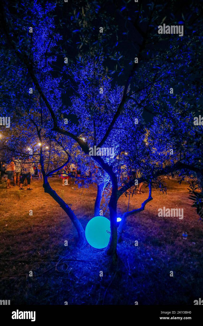 Le batane et la mer sont transformés dans une galerie unique d'installations d'art mobile, programme pour les enfants et spectacle de lumière lors de l'événement 'Rhapsody in Blue' dédié à la mer d'azur à Fazana, Croatie sur 28. Août 2022. Photo: Srecko Niketic/PIXSELL Banque D'Images