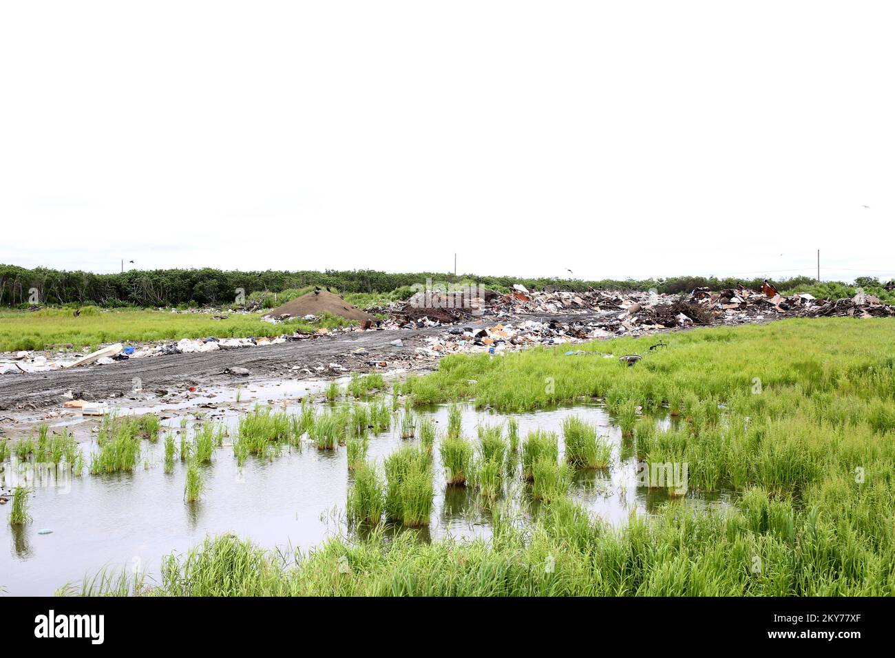 Emmonak, Alaska, 15 juillet 2013 le dépotoir local a été un mess submergé de soupie après que les eaux d'inondation ont érodé la voie de service et inondé la communauté. Le financement fédéral sous forme d'aide publique (AP) est disponible pour les gouvernements d'État, tribaux et locaux admissibles et certaines organisations à but non lucratif sur une base de partage des coûts pour les travaux d'urgence et la réparation ou le remplacement d'installations endommagées par les inondations dans la zone de fréquentation scolaire régionale de la porte d'Alaska (REAA), Copper River REAA, Lower Yukon REAA, Yukon Flats REAA et Yukon-Koyukuk REAA. Adam DuBrowa/ FEMA. Photographies relatives à Banque D'Images