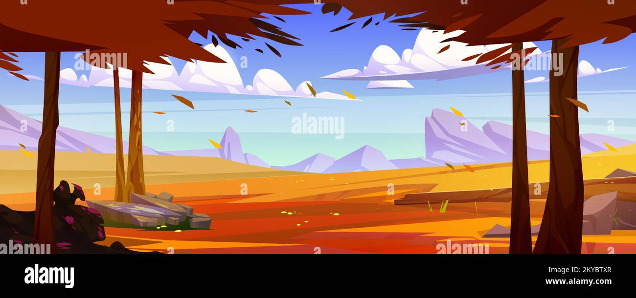 Paysage d'automne de la vallée de montagne avec des prairies et des arbres avec des feuilles d'orange. Campagne avec champs, pierres, buissons avec fleurs, bois et rochers à l'horizon en automne, illustration de dessin animé vectoriel Illustration de Vecteur