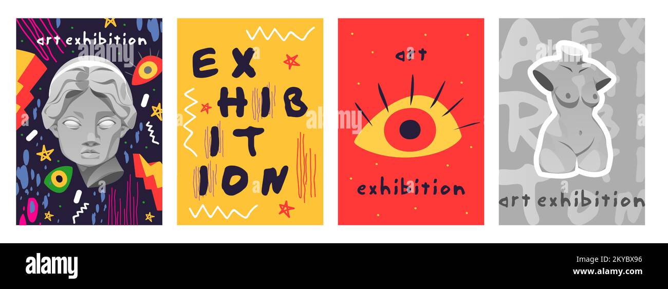 Prospectus futuristes rétro pour l'exposition d'art abstrait moderne. Affiches vectorielles avec visage et corps de sculpture antique, yeux ouverts, formes surréalistes et éléments cyberpunk dans un style psychédélique tendance Illustration de Vecteur