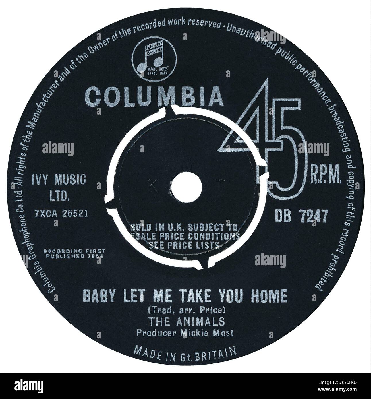 45 RPM 7' UK record label of Baby Laissez-moi vous emmener chez vous par les animaux sur le label Columbia de 1964. Organisé par Alan Price et produit par Mickie Most. Banque D'Images