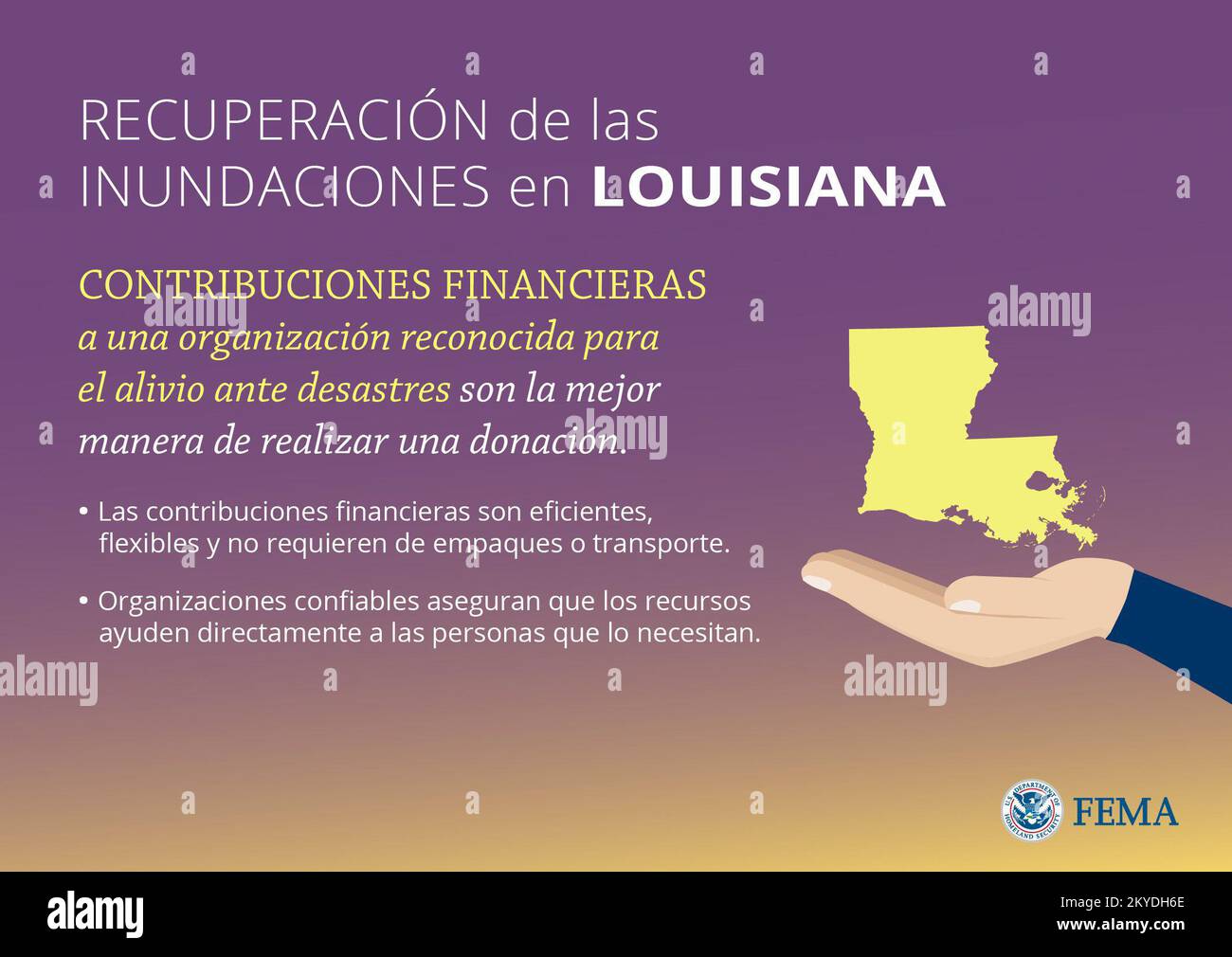 Contribuciones financieras a una organización reconocida para el alivio ante desastres son la mejor manera de realizar una donación. Las contribuciones financieras son eficientes, flexibles y no requieren de empaques o transporte. Organizaciones connectables aseguran que los recursos ayuden directamente a las personas que lo necesitan. Louisiane tempêtes et inondations graves. Photographies relatives aux programmes, aux activités et aux fonctionnaires de gestion des catastrophes et des situations d'urgence Banque D'Images